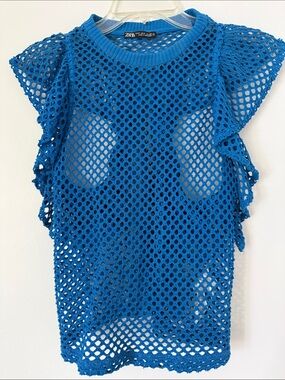 Zara Bright Blue Crochet Mesh Tank Top Coverup Sz S